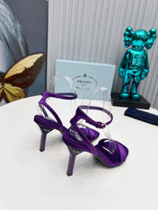 PRADA 26S ANKLE STRAP SANDALS STILETTO HEEL 80MM IN DEEP PURPLE SATIN