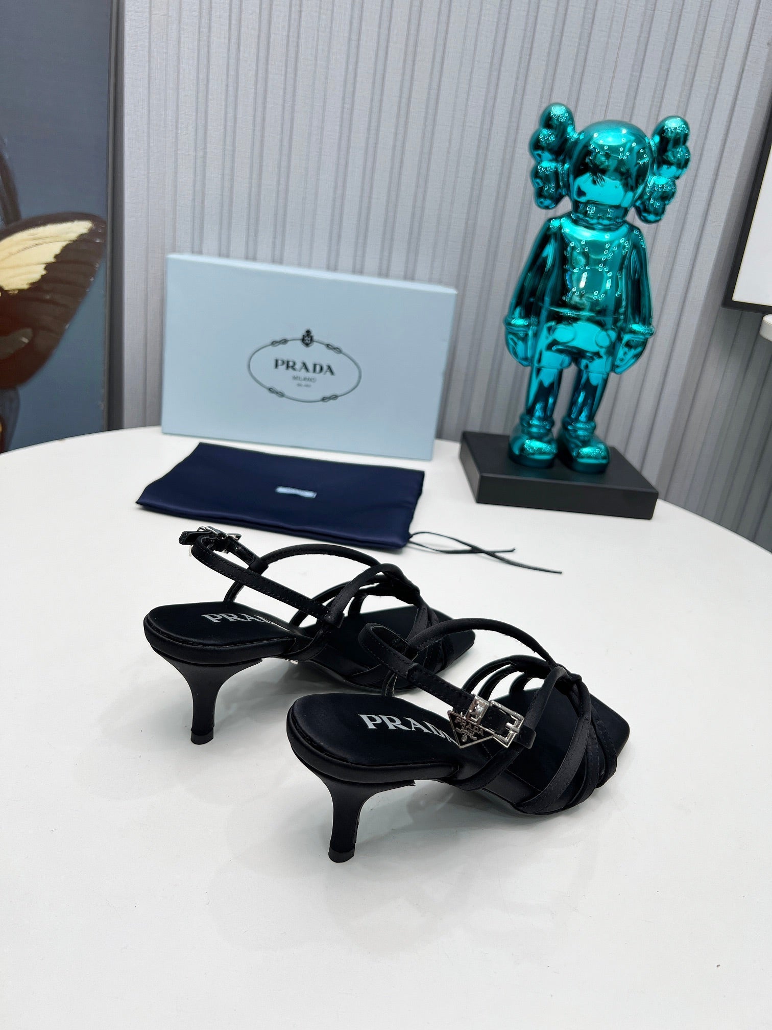 PRADA 26S STRAPPY SANDALS STILETTO HEEL 60MM IN BLACK SATIN