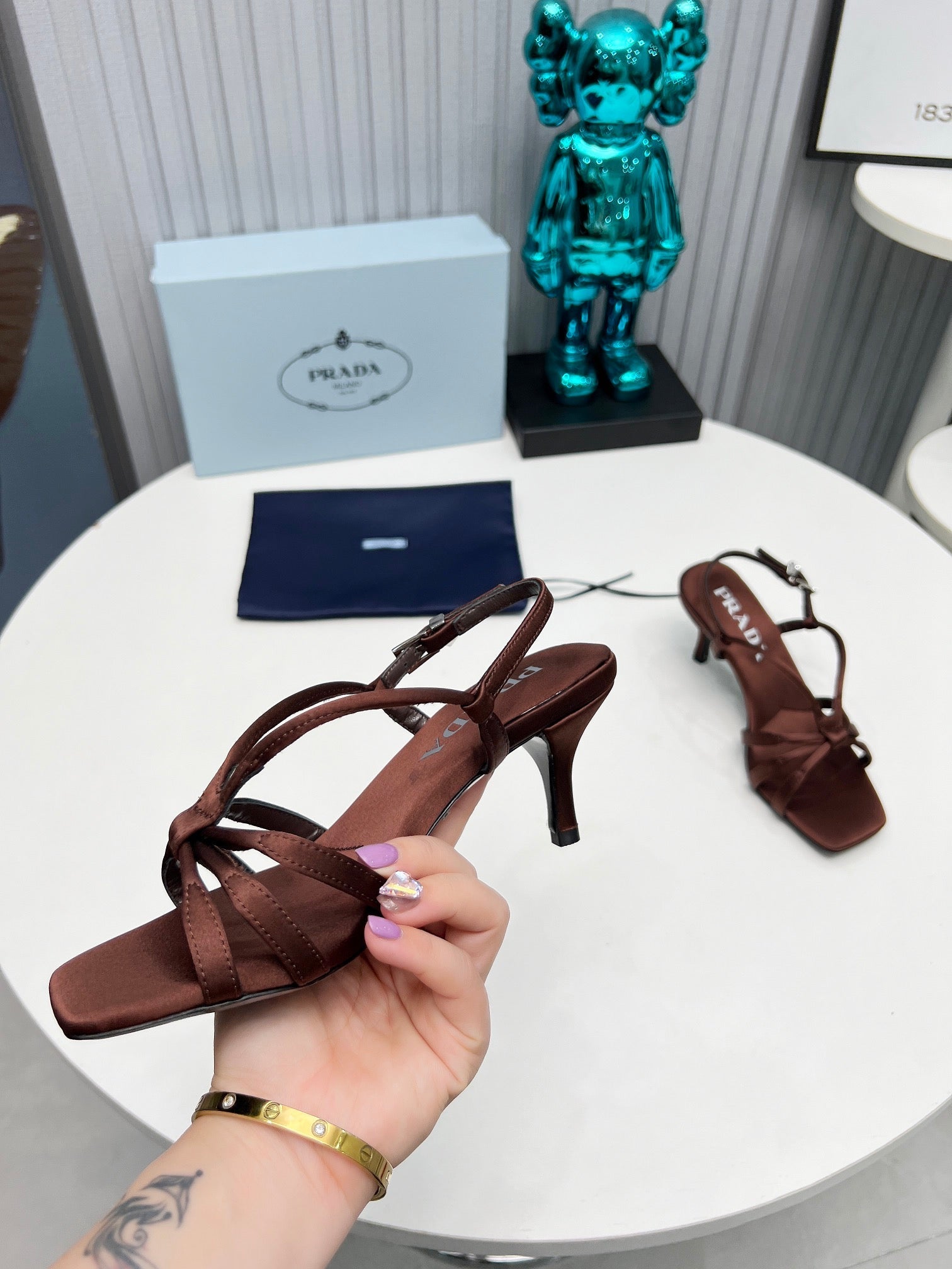 PRADA 26S STRAPPY SANDALS STILETTO HEEL 60MM IN DARK BROWN SATIN