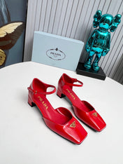 PRADA 26S ANKLE STRAP PUMPS 40MM IN RED PATENT CALFSKIN TRIANGLE LOGO