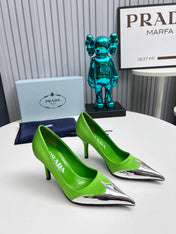 HIGH POINTED-TOE PUMPS IN LIME GREEN MIX SILVER SATIN