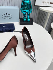 HIGH POINTED-TOE PUMPS IN CHOCOLATE MIX SILVER SATIN