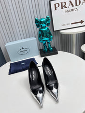 HIGH POINTED-TOE PUMPS IN SILVER MIX BLACK GLOSSY CALFSKIN
