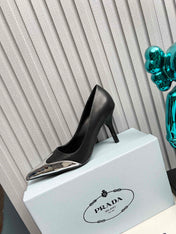 HIGH POINTED-TOE PUMPS IN SILVER MIX BLACK CALFSKIN