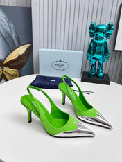 HIGH SLING BACK PUMPS IN SILVER MIX LIME GREEN SATIN