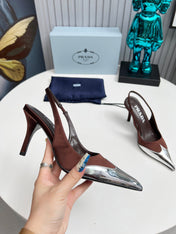 HIGH SLING BACK PUMPS IN SILVER MIX CHOCOLATE SATIN