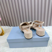PRADA 26S SQUARE TOE STUDDED SLINGBACK BLOCK HEEL 40MM IN BEIGE PATENT CALFSKIN