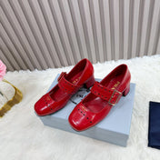 PRADA 26S SQUARE TOE STUDDED SLINGBACK BLOCK HEEL 40MM IN DARK RED PATENT CALFSKIN