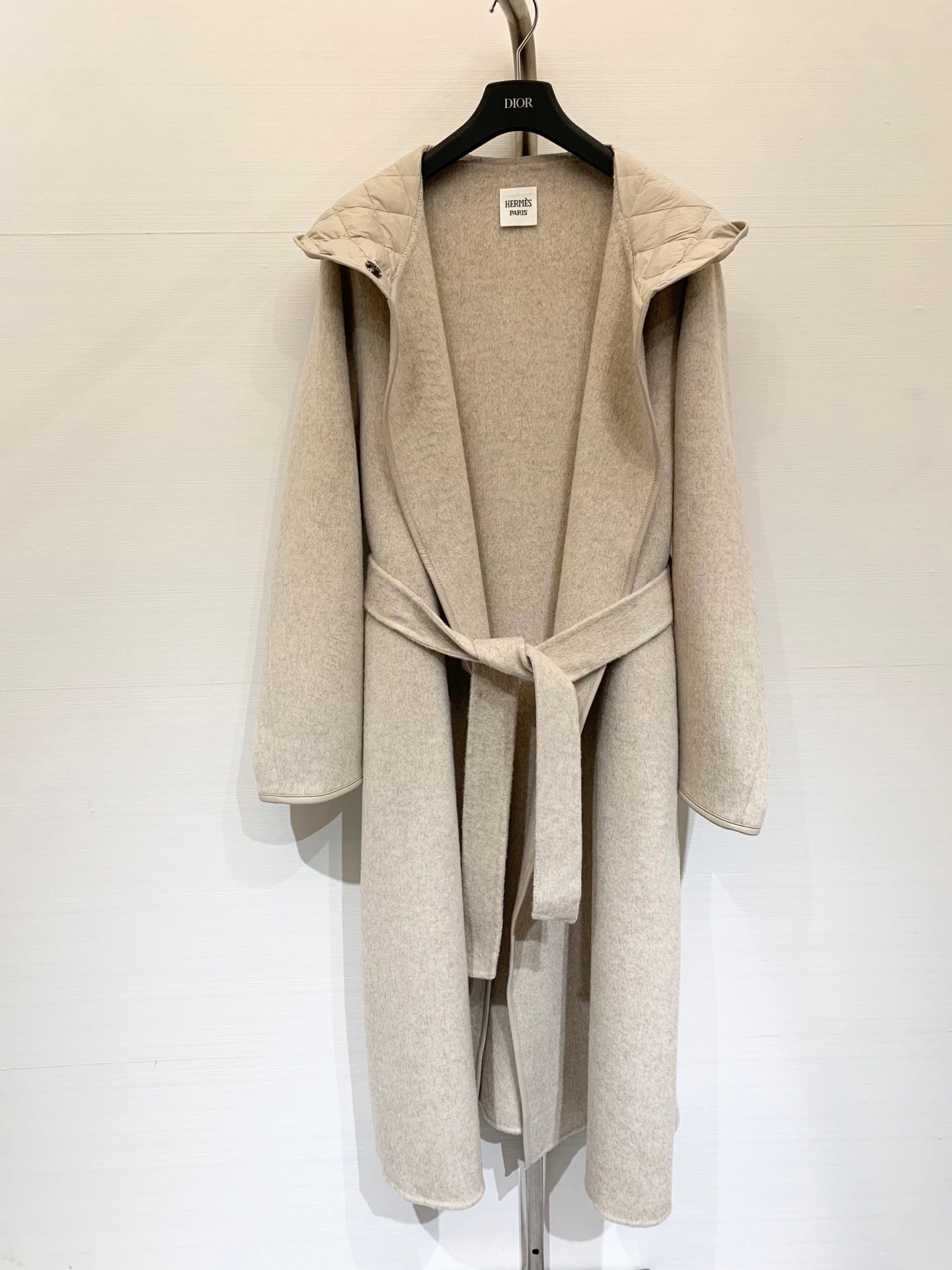 HERMES 25S KNIT HOODED COAT WITH SHEARLING TRIM 216