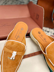Loro Piana Salmon White Suede Charms Walk Flat Mules