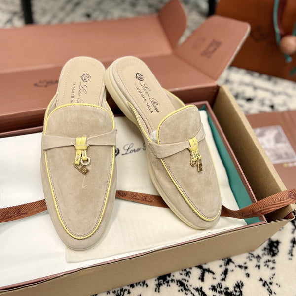 Loro Piana Beige Yellow Suede Charms Walk Flat Mules