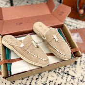 Loro Piana Beige White Suede Charms Walk Flat Mules