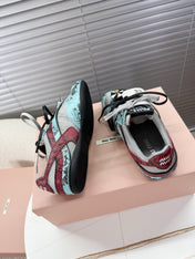 MIUMIU 26S GYMNASIUM SNEAKER IN SILVER FABRIC AND TURQUOISE BLUE SNAKE EFFECT CALFSKIN