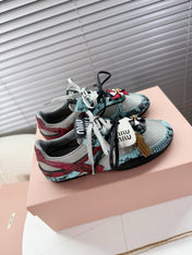 MIUMIU 26S GYMNASIUM SNEAKER IN SILVER FABRIC AND TURQUOISE BLUE SNAKE EFFECT CALFSKIN