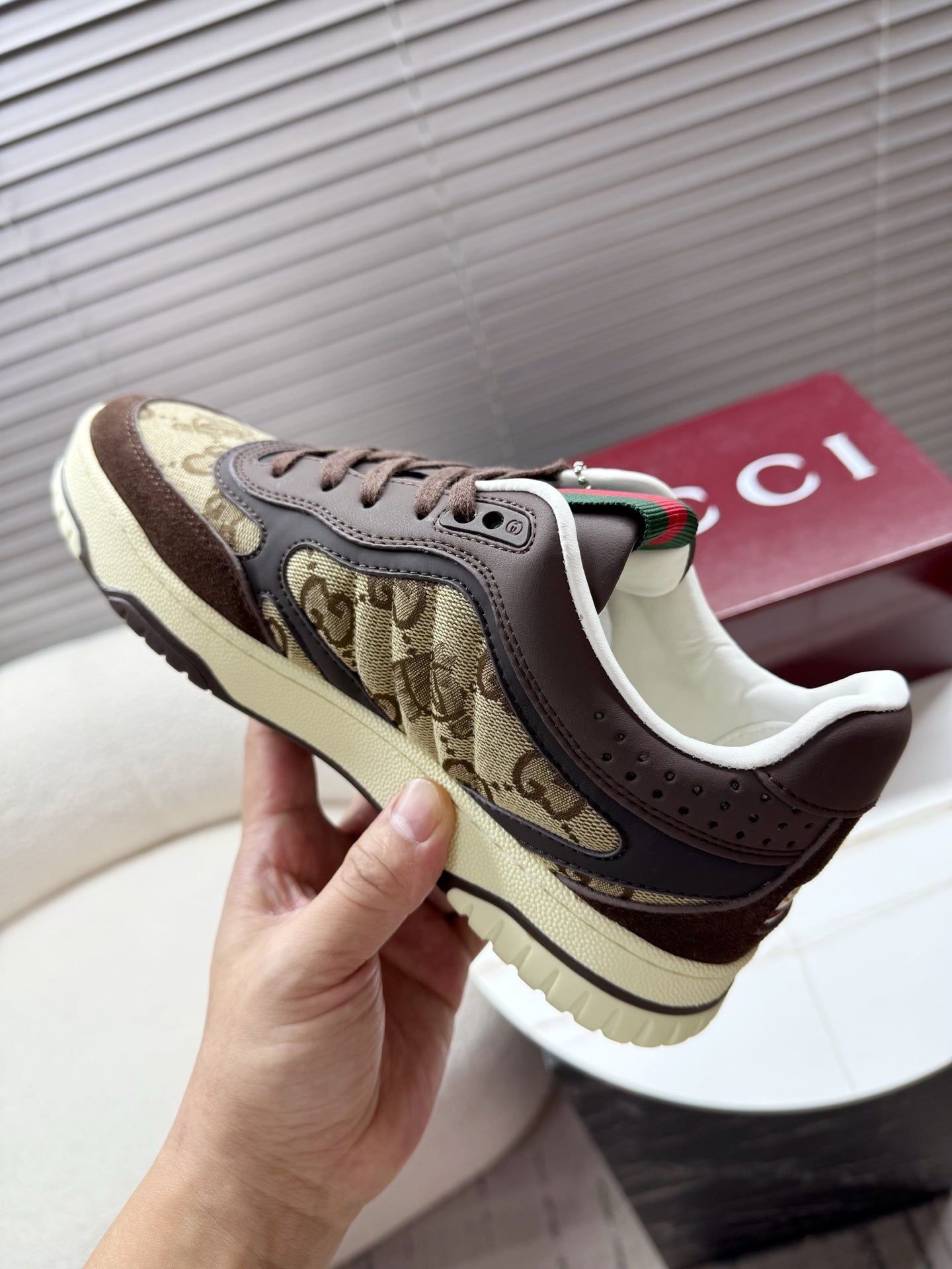 GUCCI 26S MAC80 SNEAKER IN BEIGE CANVAS AND DARK BROWN LEATHER