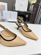 J'ADIOR SLINGBACK PUMP NATURAL RAFFIA AND BLACK EMBROIDERED COTTON 65 MM