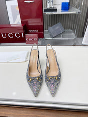 HORSEBIT SLINGBACKS IN DOVE GRAY MONOGRAM FABRIC WITH CRYSTALS