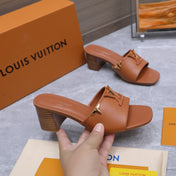 LV 26S BLOCK HEEL MULE SANDALS 55MM IN ORANGE BROWN CALFSKIN GOLD HARDWARE