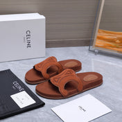CELINE 26S TRIOMPHE SLIDES IN COGNAC BROWN SUEDE