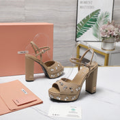 MIUMIU 26S PLATFORM ANKLE STRAP SANDALS 120MM IN BROWN CANVAS CRYSTAL-EMBELLISHED