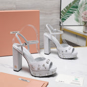 MIUMIU 26S PLATFORM ANKLE STRAP SANDALS 120MM IN LIGHT GREY CANVAS CRYSTAL-EMBELLISHED