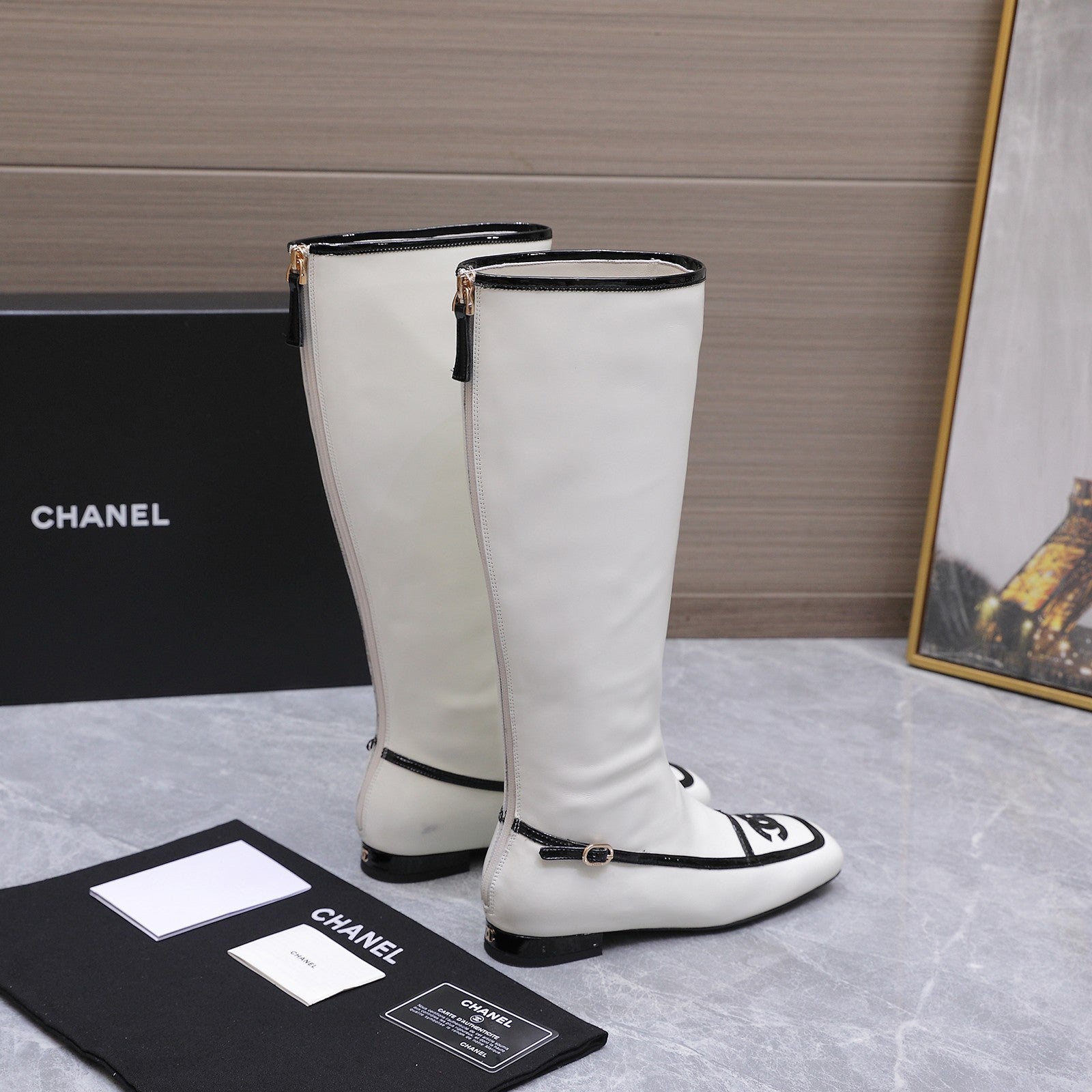 CHANEL 26S KNEE HIGH BOOTS IN WHITE CALFSKIN WITH BLACK PATENT LEATHER TRIM AND CC LOGO ON TOE CAP