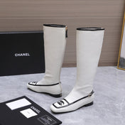 CHANEL 26S KNEE HIGH BOOTS IN WHITE CALFSKIN WITH BLACK PATENT LEATHER TRIM AND CC LOGO ON TOE CAP