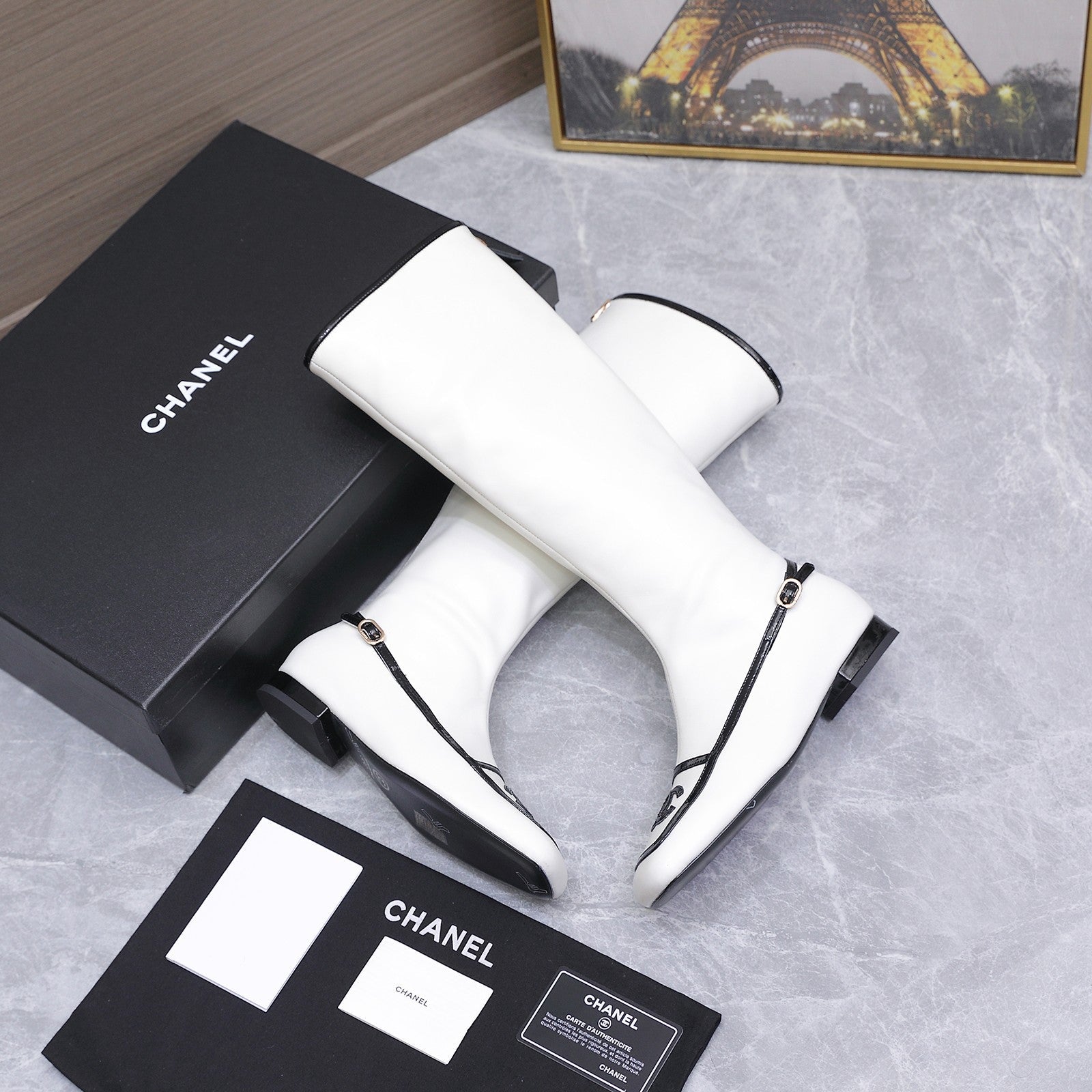 CHANEL 26S KNEE HIGH BOOTS IN WHITE CALFSKIN WITH BLACK PATENT LEATHER TRIM AND CC LOGO ON TOE CAP