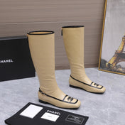 CHANEL 26S KNEE HIGH BOOTS IN BEIGE CALFSKIN WITH BLACK PATENT LEATHER TRIM AND CC LOGO ON TOE CAP