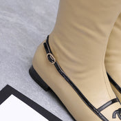 CHANEL 26S KNEE HIGH BOOTS IN BEIGE CALFSKIN WITH BLACK PATENT LEATHER TRIM AND CC LOGO ON TOE CAP