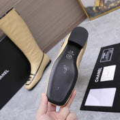 CHANEL 26S KNEE HIGH BOOTS IN BEIGE CALFSKIN WITH BLACK PATENT LEATHER TRIM AND CC LOGO ON TOE CAP