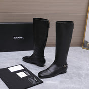 CHANEL 26S KNEE HIGH BOOTS IN BLACK CALFSKIN WITH PATENT LEATHER TRIM AND CC LOGO ON TOE CAP