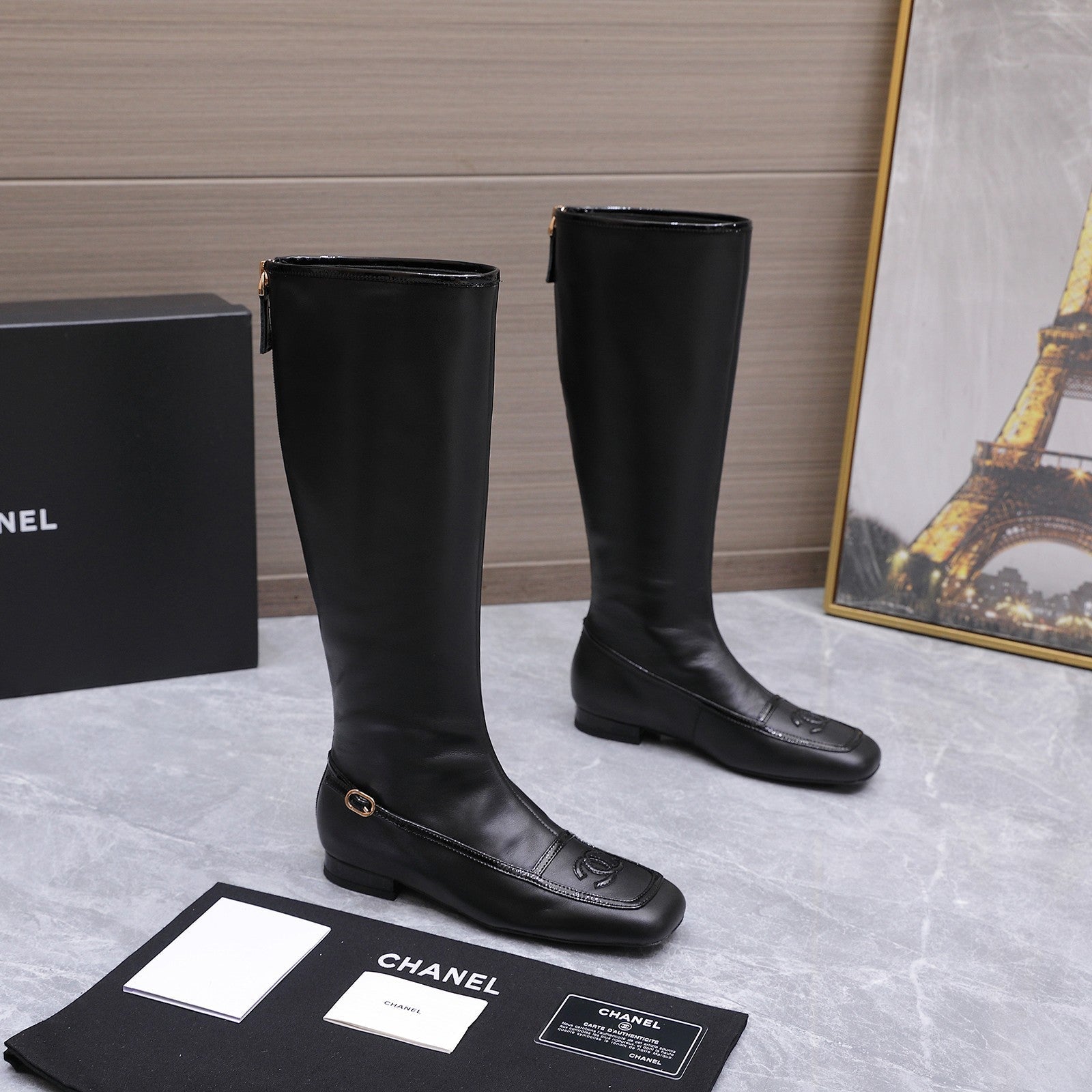 CHANEL 26S KNEE HIGH BOOTS IN BLACK CALFSKIN WITH PATENT LEATHER TRIM AND CC LOGO ON TOE CAP