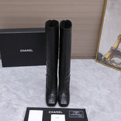 CHANEL 26S KNEE HIGH BOOTS 80 MM IN BLACK CALFSKIN WITH PATENT LEATHER TRIM AND CC LOGO ON TOE CAP