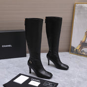 CHANEL 26S KNEE HIGH BOOTS 80 MM IN BLACK CALFSKIN WITH PATENT LEATHER TRIM AND CC LOGO ON TOE CAP