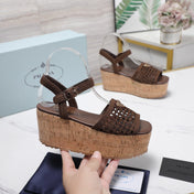 PRADA 26S WEDGE SANDALS IN DARK BROWN CROCHET AND LEATHER