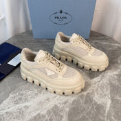 PRADA 26S GEAR SOLE SNEAKERS IN LIGHT BEIGE SUEDE AND MESH