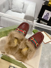 HORSEBIT MULE WITH WEB IN WINE RED CALFSKIN MIX MINK FUR
