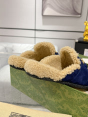 HORSEBIT MULE IN ROYAL BLUE SUEDE AND FLEECE LINING