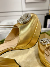 HIGH SANDAL SQUARE HEEL 12 CM IN GOLD CALFSKIN
