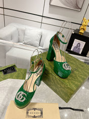 GG CRYSTALS PLATFORM PUMPS JADE GREEN CALFSKIN