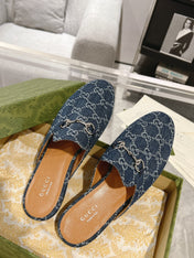 MEN'S MULE WITH HORSEBIT IN DENIM BLUE MONOGRAM JACQUARD FABRIC