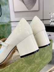 HORSEBIT MARY JANE HEEL IN WHITE CALFSKIN GOLD HARDWARE