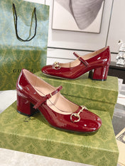 HORSEBIT MARY JANE HEEL IN CRIMSON RED CALFSKIN GOLD HARDWARE