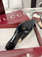 GG MID-HIGH SLINGBACK 4.5 CM IN BLACK GLOSSY EMBOSSED SUEDE AND SHEEPSKIN LINING