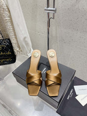 OPYUM HIGH MULES 85 MM IN METALLIC GOLD SATIN CREPE