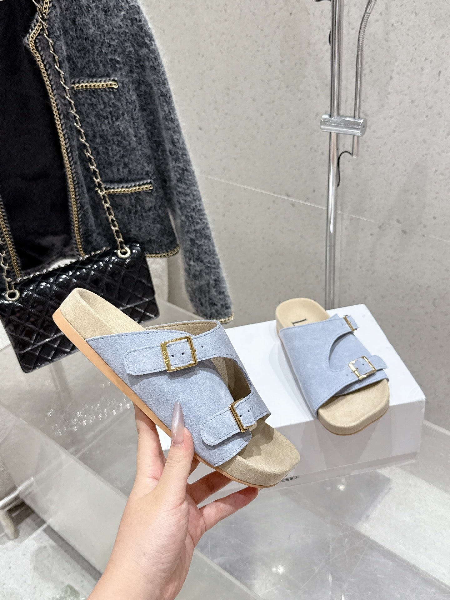 LOEWE 26S EASE SLIDE IN PASTEL BLUE SUEDE