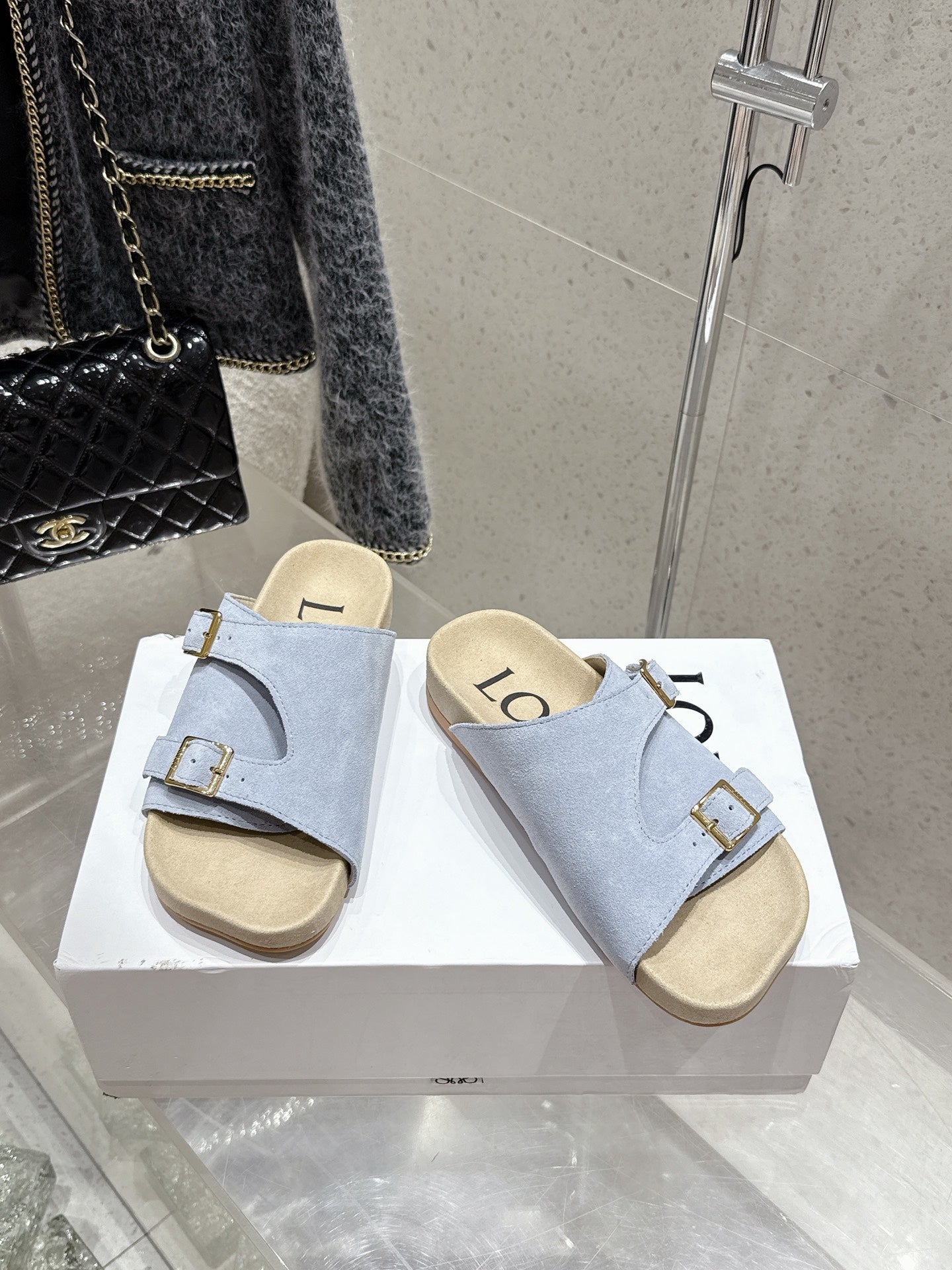 LOEWE 26S EASE SLIDE IN PASTEL BLUE SUEDE