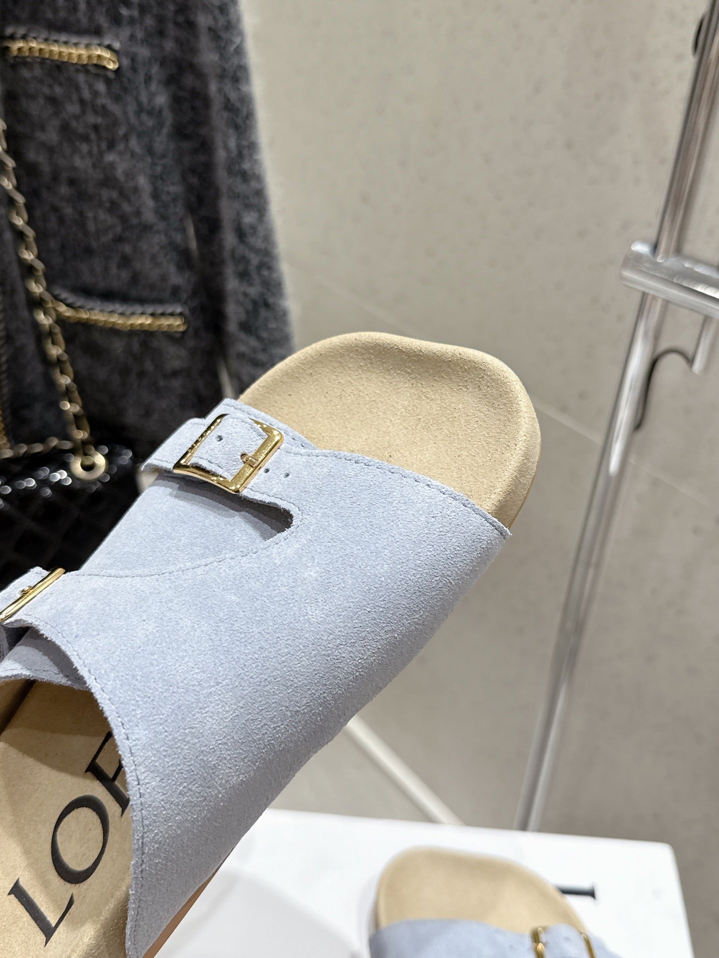 LOEWE 26S EASE SLIDE IN PASTEL BLUE SUEDE
