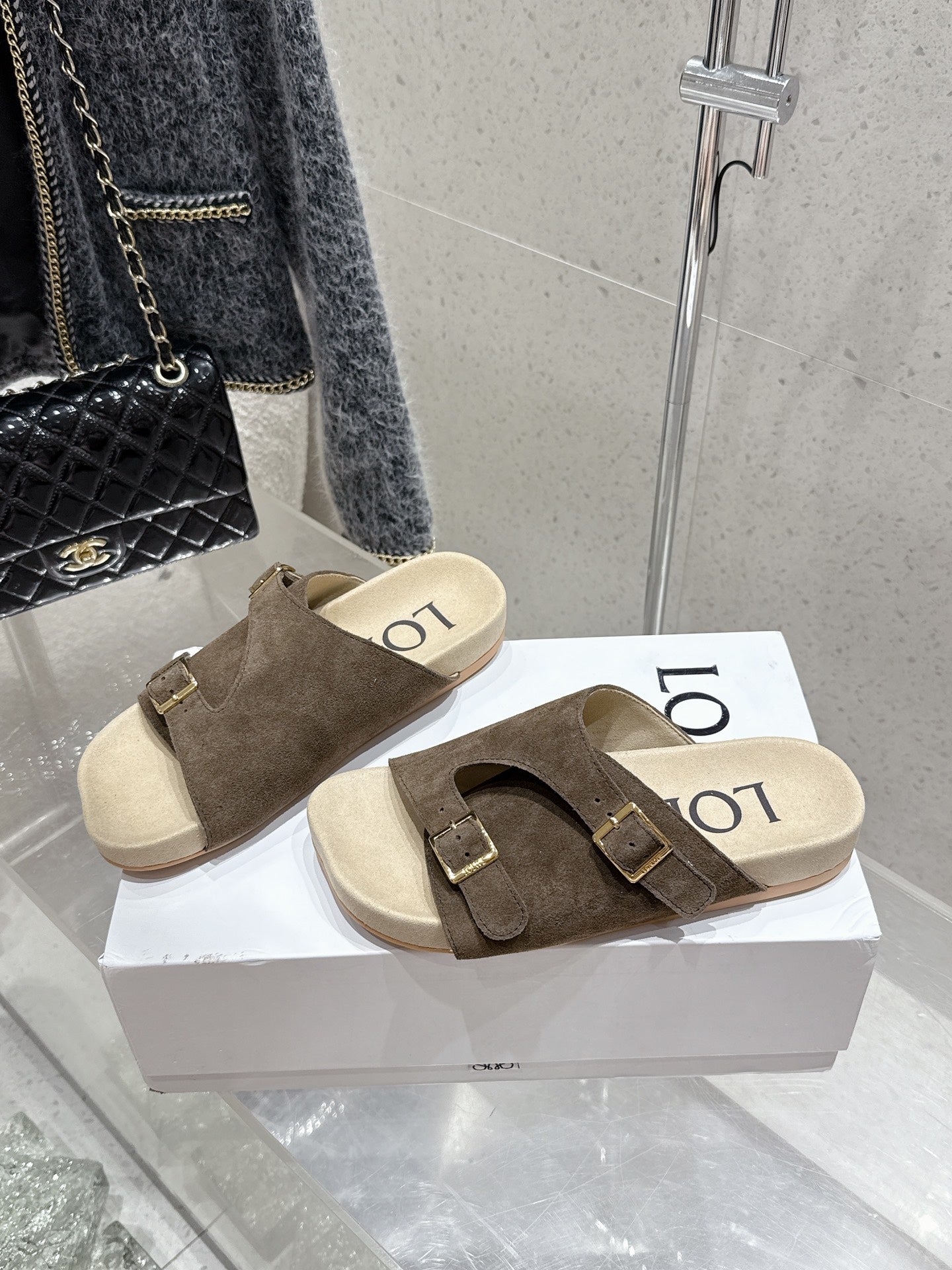 LOEWE 26S EASE SLIDE IN DARK BROWN SUEDE